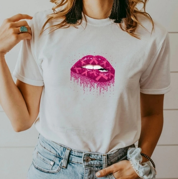 Tops - NWT Pink Ribbon Lips - Breast Cancer Tee